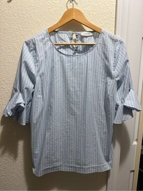 Calvin Klein Light Blue Pinstripe Ruffle Sleeve Blouse